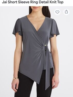 Gray-Blue V-Neck Wrap Top with Ring Detail